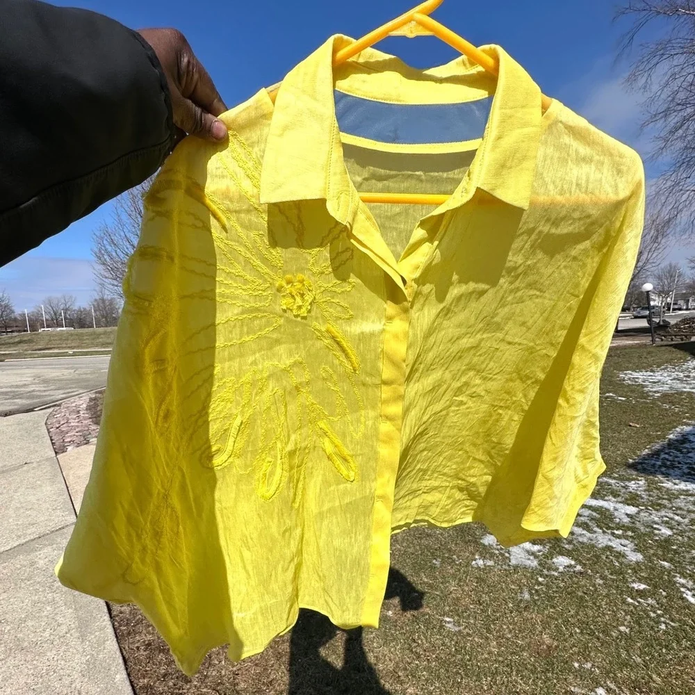 Yellow Linen Silk Women's Oversized Floral Embroidered Boho Chic Shirt Size M
